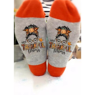 One Thankful Mama Pumpkin Maple Leaf Crew Socks - Gray