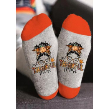 One Thankful Mama Pumpkin Maple Leaf Crew Socks - Gray