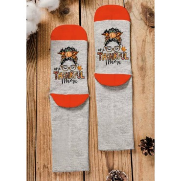 One Thankful Mama Pumpkin Maple Leaf Crew Socks - Gray