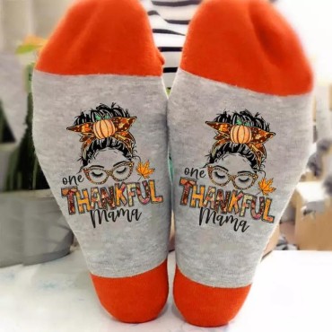 One Thankful Mama Pumpkin Maple Leaf Crew Socks - Gray