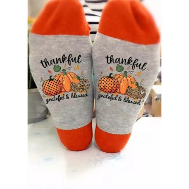 Thankful Grateful & Blessed Leopard Pumpkin Polka Dot Crew Socks