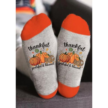 Thankful Grateful & Blessed Leopard Pumpkin Polka Dot Crew Socks