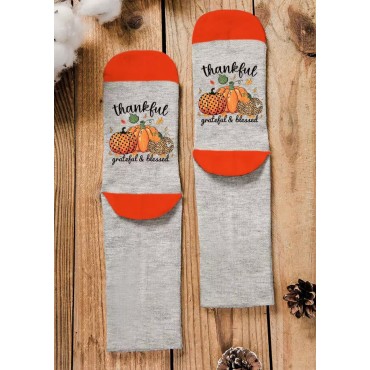 Thankful Grateful & Blessed Leopard Pumpkin Polka Dot Crew Socks