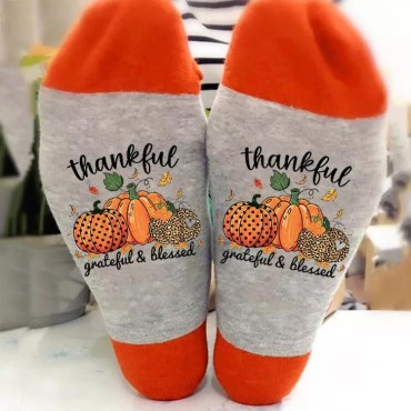 Thankful Grateful & Blessed Leopard Pumpkin Polka Dot Crew Socks