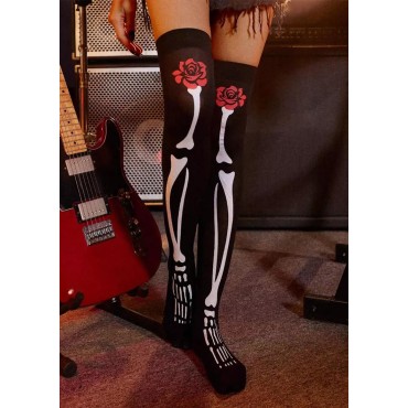 Halloween Floral Skeleton Knee-High Socks - Black