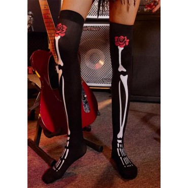 Halloween Floral Skeleton Knee-High Socks - Black
