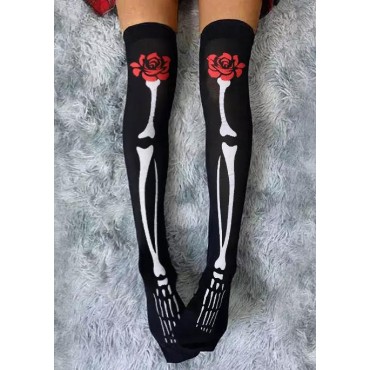 Halloween Floral Skeleton Knee-High Socks - Black