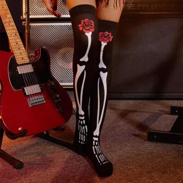 Halloween Floral Skeleton Knee-High Socks - Black