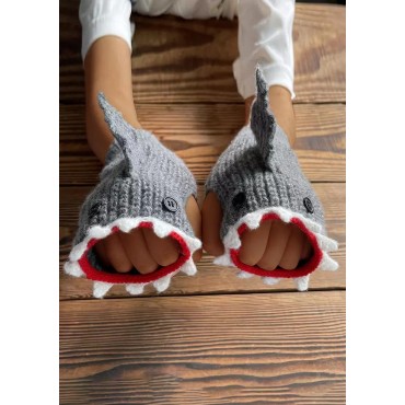 Shark Knitted Button Fingerless Gloves