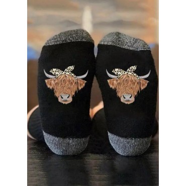Leopard Highland Cattle Color Block Crew Socks - Black