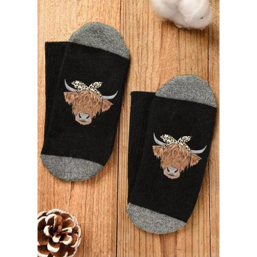 Leopard Highland Cattle Color Block Crew Socks - Black