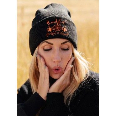 Thankful Grateful And Blessed Pumpkin Plaid Beanie Hat - Black