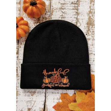Thankful Grateful And Blessed Pumpkin Plaid Beanie Hat - Black