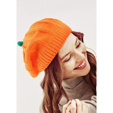 Pumpkin Knitted Beret Hat - Women