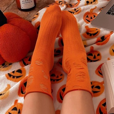 Ripped Hole Crew Socks - Orange