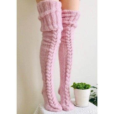 Warm Over Knee Extra Long Knitted Socks - Pink