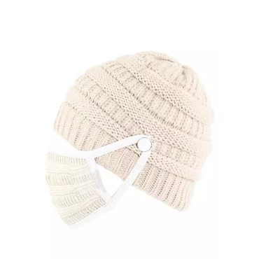2Pcs Winter Button Knitted Beanie Hat And Mouth Shield Set