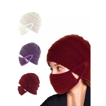 2Pcs Winter Button Knitted Beanie Hat And Mouth Shield Set