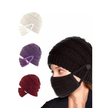 2Pcs Winter Button Knitted Beanie Hat And Mouth Shield Set