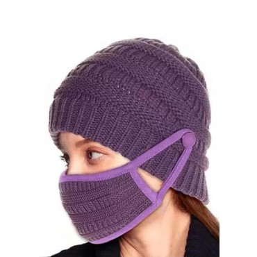 2Pcs Winter Button Knitted Beanie Hat And Mouth Shield Set