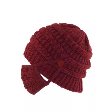 2Pcs Winter Button Knitted Beanie Hat And Mouth Shield Set