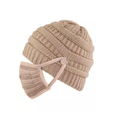 2Pcs Winter Button Knitted Beanie Hat And Mouth Shield Set