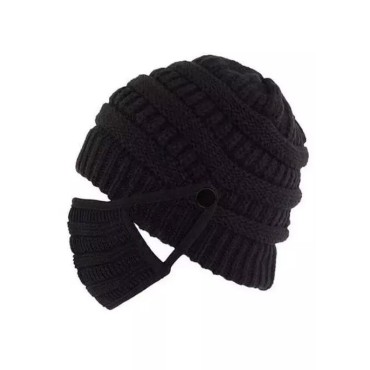 2Pcs Winter Button Knitted Beanie Hat And Mouth Shield Set