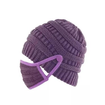 2Pcs Winter Button Knitted Beanie Hat And Mouth Shield Set