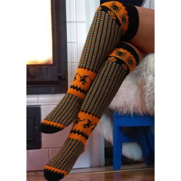 Halloween Pumpkin Face Over Knee Extra Long Knitted Socks - Orange