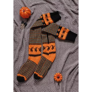 Halloween Pumpkin Face Over Knee Extra Long Knitted Socks - Orange