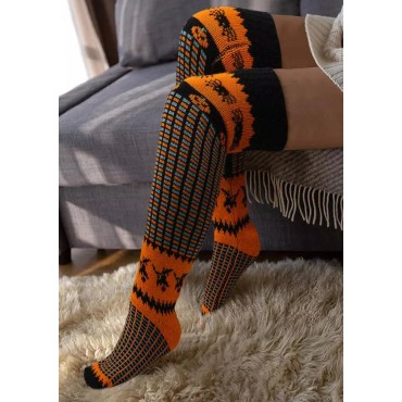 Halloween Pumpkin Face Over Knee Extra Long Knitted Socks - Orange