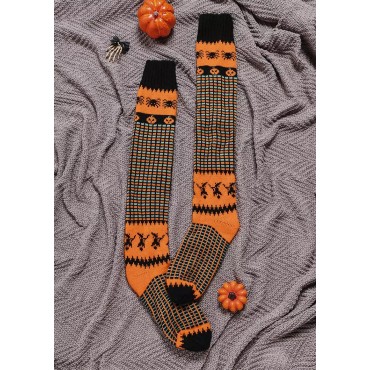 Halloween Pumpkin Face Over Knee Extra Long Knitted Socks - Orange
