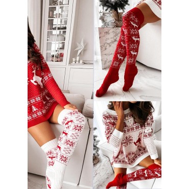 Christmas Reindeer Snowflake Over Knee Extra Long Socks