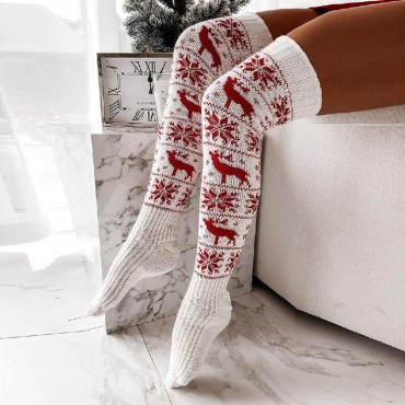 Christmas Reindeer Snowflake Over Knee Extra Long Socks