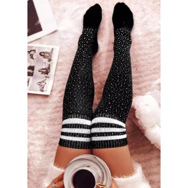 Striped Rhinestone Warm Over Knee Extra Long Socks - Black