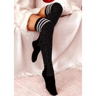 Striped Rhinestone Warm Over Knee Extra Long Socks - Black