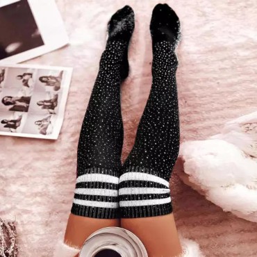 Striped Rhinestone Warm Over Knee Extra Long Socks - Black