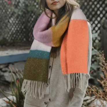 Color Block Tassel Warm Long Scarf