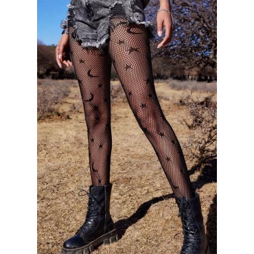Star Moon Thin Fishnet Socks - Black