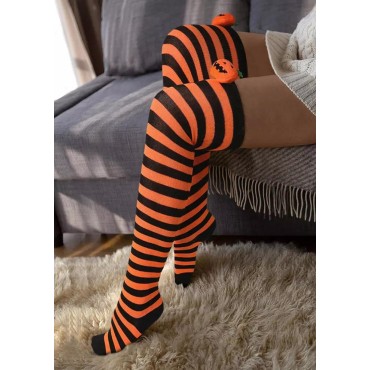 Halloween Pumpkin Face Striped Over Knee Long Socks