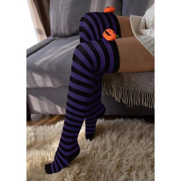 Halloween Pumpkin Face Striped Over Knee Long Socks
