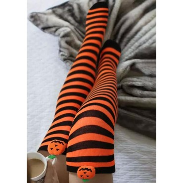 Halloween Pumpkin Face Striped Over Knee Long Socks