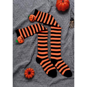 Halloween Pumpkin Face Striped Over Knee Long Socks