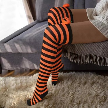 Halloween Pumpkin Face Striped Over Knee Long Socks