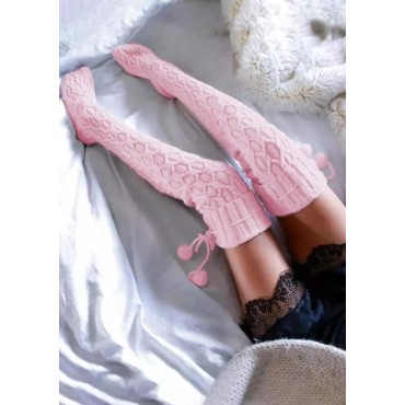Over Knee Knitting Thickened Hairball Socks - Pink