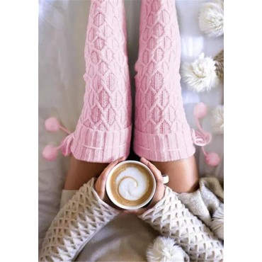 Over Knee Knitting Thickened Hairball Socks - Pink