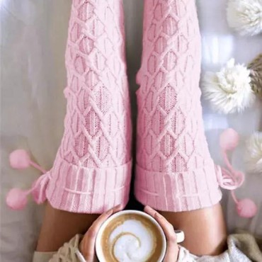 Over Knee Knitting Thickened Hairball Socks - Pink