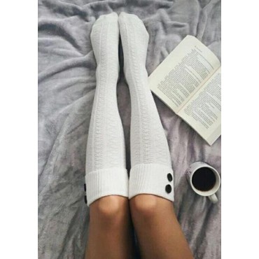 Solid Button Warm Thigh-High Crimping Socks