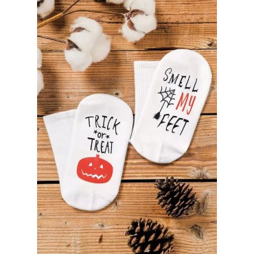 Halloween Trick Or Treat Smell My Feet Pumpkin Face Crew Socks - White