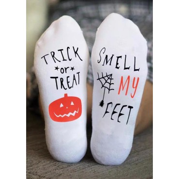 Halloween Trick Or Treat Smell My Feet Pumpkin Face Crew Socks - White